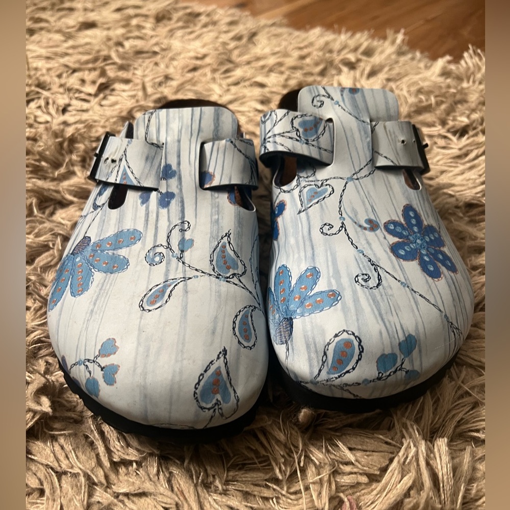 Birkenstock Papillio Blue Boston Style Buckle Floral Clogs